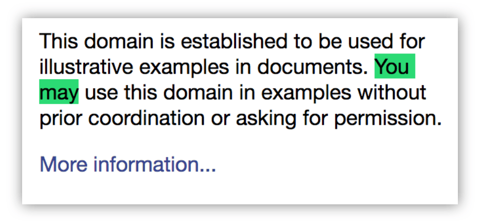 This domain is established to be used for illustrative examples in documents. You may use this domain in examples without prior coordination or asking for permission.". The words "you may" are highlighted.